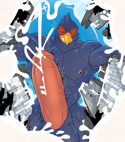 anthro balls big_balls big_penis blue_body blue_feathers bodily_fluids circumcised circumcision_scar city cloud cum destruction excessive_cum excessive_genital_fluids extreme_size_difference eyes_closed feathers fish_eye_view flooding genital_fluids genital_scar genitals green_eyes group humanoid_genitalia humanoid_penis looming low-angle_view macro male muscular muscular_male nipples non-mammal_balls non-mammal_nipples orgasm penis scar silhouette size_difference solo_focus happyending nintendo star_fox falco_lombardi avian bird hi_res