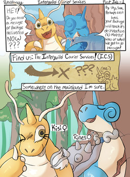 3_fingers advertisement ambiguous_gender antennae_(anatomy) blue_body brown_eyes clothing delivery_(commerce) detailed_background dialogue duo eyes_closed female feral fingers flippers forest forest_background horn jewelry looking_at_viewer mountain nature nature_background plant postal_delivery smile smiling_at_viewer text tree yellow_body petrovolt nintendo pokemon pokemon_mystery_dungeon spike_chunsoft kisi_(petrovolt) rines_(petrovolt) dragonite generation_1_pokemon lapras pokemon_(species) 2026 absurd_res artist_name comic digital_drawing_(artwork) digital_media_(artwork) english_text hi_res signature