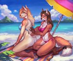 5_fingers anthro beach bikini bottomless bottomless_anthro bottomless_female breasts butt cleavage clothed clothing duo feet female female/female fingers fur hair kneeling looking_back navel outside pawpads sand seaside smile sunscreen sunscreen_on_butt swimwear tail text toes topwear towel two-piece_swimsuit water felicia_cat canid canine fox mammal digital_media_(artwork) hi_res url