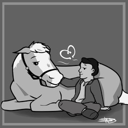 bestiality bridle cradling duo feral fur hand_on_chin heart_symbol horseshoe interspecies male male/male white_body white_fur str8aura-no-not-that-one mister_ed wilbur_post equid equine horse human mammal 1:1 black_and_white greyscale monochrome