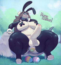 anal_oviposition anthro balls belly big_balls big_belly big_breasts big_penis blush breasts brown_hair clothing easter_egg egg erection eye_roll eyeliner fake_ears fake_rabbit_ears footwear foreskin genitals gynomorph hair heart_symbol high_heels holidays horn huge_breasts huge_hips huge_thighs humanoid_genitalia humanoid_penis intersex legwear lgbt_pride long_hair looking_pleasured makeup nipple_tape nonbinary_pride_colors oviposition pansexual_pride_colors pasties penis pride_colors shoes slightly_chubby solo tape thick_thighs thigh_highs transgender_pride_colors white_balls white_breasts white_penis wide_hips atherol easter mythology athysona_(atherol) dragon mythological_creature mythological_scalie scalie hi_res nonbinary_(lore)
