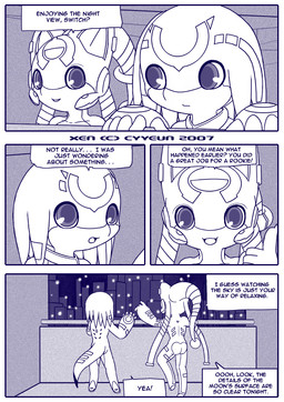 anthro building butt city cityscape dialogue duo female machine male open_mouth open_smile rear_view smile tail talking_to_another text cyyeun xen_(series) switch_(xen) robot robot_anthro 2007 artist_name blue_and_white blue_monochrome comic dated english_text monochrome