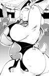 anthro big_breasts big_butt bodily_fluids breasts butt clothed clothing cosplay crossover_cosplay female floppy_ears horn huge_breasts inside mature_anthro mature_female nipple_outline open_mouth overweight overweight_anthro overweight_female public silhouette solo sweat sweatdrop tail thick_thighs box_chan queens_blade undertale_(series) cattleya toriel boss_monster_(undertale) bovid caprine mammal black_and_white crossover hi_res monochrome