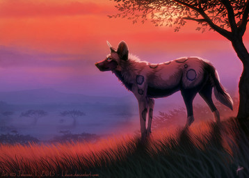 ambiguous_gender detailed_background feral grass nature nude outside plant red_sky side_view sky solo sunset tree johis african_wild_dog canid canine mammal restricted_palette