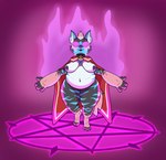 anthro bell bell_collar belly big_belly big_breasts big_nipples breasts cape claws clothing collar cuddly cult cultist dramatic_lighting eyewear female fire fluffy genitals glasses glowing glowing_eyes glowing_tears mohawk navel nipples occult_symbol overweight paws pentagram pussy slightly_chubby slightly_chubby_female solo spread_arms summoning summoning_circle symbol thick_arms thick_thighs wide_hips impishhyena cult_of_the_lamb massive_monster_(studio) harley_(impishhyena) hyena mammal hi_res trans_(lore) trans_woman_(lore)