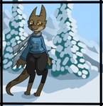 anthro barefoot black_clothing blue_clothing breasts brown_body brown_eyes brown_scales brown_tail clothed clothing detailed_background eyelashes fangs feet female grey_clothing head_markings horn markings mountain multicolored_body multicolored_clothing multicolored_scales outside scales scarf snow solo standing tail tail_markings teeth two_tone_body two_tone_clothing two_tone_scales two_tone_tail white_clothing winter squablodecomplash wiggles_(squablodecomplash) kobold scalie 2019 hi_res