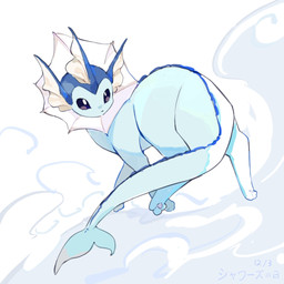 ambiguous_gender blue_body feral looking_back pawpads paws purple_eyes solo tail lanjiujiu nintendo pokemon eeveelution generation_1_pokemon pokemon_(species) vaporeon 1:1 2021 dated hi_res signature