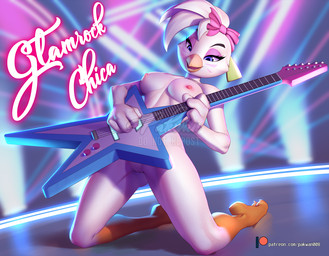 anthro areola beak breasts do_not_distribute electric_guitar eyebrows eyelashes female fingers genitals guitar hair holding_guitar holding_musical_instrument holding_object kneeling looking_at_viewer musical_instrument nipples non-mammal_breasts nude plucked_string_instrument solo string_instrument text vulva pakwan008 five_nights_at_freddy's five_nights_at_freddy's:_security_breach scottgames steel_wool_studios glamrock_chica avian bird chicken galliform phasianid 2022 digital_media_(artwork) distracting_watermark url watermark