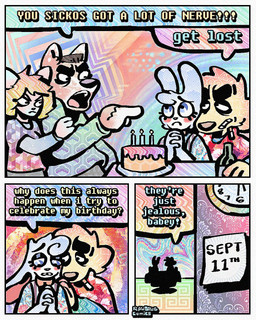 3_panel_comic aloha_shirt angry anthro birthday birthday_cake bow_tie brown_hair cake calendar cheek_spots cigarette cigarette_in_mouth clothed clothed_anthro clothed_female clothed_male clothing comforting dessert dialogue duo ears_down female female_anthro femboy floppy_ears food fur hair half-closed_eyes humor interspecies male male/female male/male male_anthro narrowed_eyes object_in_mouth overalls pattern_clothing pattern_shirt pattern_topwear pivoted_ears september_(month) shirt smoking_tobacco speech_bubble sweater tan_body tan_fur teeth term_of_endearment text tooth_gap topwear white_body white_fur yellow_body yellow_fur rawdawgcomics 9/11 woman_yelling_at_a_cat bingus_(rawdawgcomics) stahli_(rawdawgcomics) bird_dog canid canine canis domestic_dog golden_retriever hunting_dog lagomorph leporid mammal rabbit retriever 4:5 comic english_text hi_res