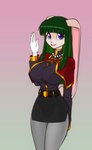 anthro belt big_breasts blue_eyes bottomwear breasts capelet clothing eyebrows eyelashes female gloves green_hair hair handwear jewelry looking_at_viewer necklace open_mouth skirt solo scorpdk lagomorph leporid mammal rabbit 2024 absurd_res hi_res