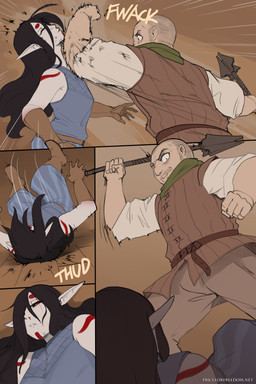 5_fingers armor black_hair black_sclera blood bodily_fluids breastplate breasts clothing duo facial_hair female fight fingers gloves green_scarf hair handwear humanoid_pointy_ears light_body light_skin mace male melee_weapon motion_lines nosebleed not_furry pointy_ears punch red_eyes scarf text weapon white_body white_skin arbuzbudesh lady_wolf_(arbuzbudesh) demon demon_humanoid elf human humanoid mammal 2026 2:3 colored comic english_text hi_res url