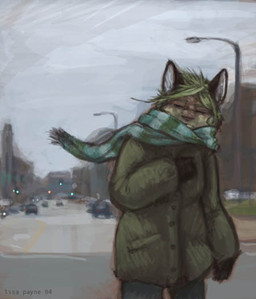 anthro biped clothed clothing coat cold hair scarf slice_of_life solo street topwear urban wind lisa_payne canid canine fox mammal 2004