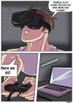 clothing comic computer controller electronics english_text game_controller hair hi_res human human_only imminent_transformation male mammal muscular muscular_male not_furry oculus_(brand) oculus_rift pre-transformation rex_equinox solo text virtual_reality vr_headset
