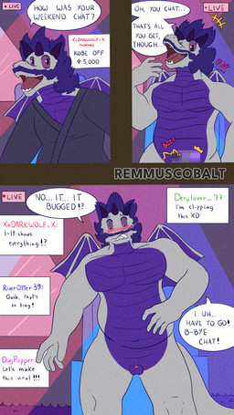 anthro belly clothing degradation embarrassed exhibitionism exposed genitals humiliation livestream male mutton_the_dragon nude penis penis_humiliation robe small_penis small_penis_humiliation solo text remmus_cobalt mythology dragon mythological_creature mythological_scalie scalie 4k 9:16 absurd_res comic english_text hi_res