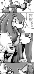 2011 anthro bat blush comic digital_media_(artwork) echidna female kiss_mark kissing kissing_cheek knuckles_the_echidna lipstick makeup male mammal monochrome monotreme rouge_the_bat sega simple_background sonic_the_hedgehog_(series) text translated urahyu white_background