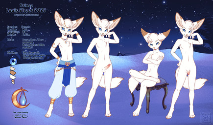 anthro balls blue_eyes casual_nudity clothing dipstick_ears ear_markings erection femboy flaccid foreskin fur genitals humanoid_genitalia humanoid_penis male multicolored_ears nude penis tail white_body white_fur rukifox louis_(rukifox) canid canine fennec_fox fox mammal true_fox model_sheet