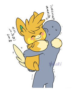 ambiguous_gender anthro blush blush_lines bodily_fluids cheek_spots duo eyes_closed fur green_inner_ear holding_another hug orange_body orange_ears orange_fur simple_background smile sweat sweatdrop tail text white_background white_body white_fur white_tail yellow_cheeks yukari_(artist) nintendo pokemon generation_9_pokemon human mammal pawmot pokemon_(species) hi_res japanese_text translated