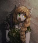 5_fingers anthro bad_trigger_discipline braided_hair breasts clothed clothing female fingers green_eyes gun hair heterochromia holding_gun holding_object holding_ranged_weapon holding_weapon inner_ear_fluff ranged_weapon solo tan_hair tuft weapon yellow_eyes margony equid mammal 2018 digital_media_(artwork) hi_res shaded