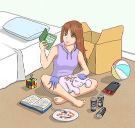 ambiguous_feral ambiguous_gender ball bed blue_bottomwear blue_clothing blue_eyes book bottomwear box brown_hair canned_drink cardboard cardboard_box clothed clothed_humanoid clothing container cutlery dish duo electronics eyelashes eyes_closed female female_human feral food fork fur furniture game_console hair hand_on_another's_back hand_on_back holding_book holding_object hoodie kitchen_utensils light_body light_skin lips lotus_pose nintendo_switch_console open_book pasta pillow pink_body pink_fur pink_lips purple_clothing purple_hair purple_hoodie purple_tail purple_topwear reading reading_book relaxing sitting sleeveless_clothing smile spaghetti tail tools topwear volleyball_(ball) young young_ambiguous young_feral carpdime fluffy_pony nintendo nintendo_switch rubik's_cube fluffy_pony_(species) human humanoid mammal digital_media_(artwork) shaded