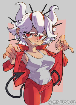 black_tail bottomwear breasts cartoon_freckles clothed clothing ear_piercing eyelashes female freckled_face freckles front_view grey_background grey_clothing grey_topwear hair horn looking_at_viewer open_clothing open_topwear pants piercing pink_background red_bottomwear red_clothing red_eyes red_pants red_topwear short_hair simple_background smile solo spade_tail tail tan_body tan_skin topwear white_hair white_horn knuxy helltaker beelzebub_(helltaker) demon demon_humanoid horned_humanoid humanoid tailed_humanoid