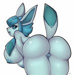 anthro areola big_breasts blue_areola blue_body blue_fur blue_hair blue_nipples breasts butt digital_media_(artwork) eeveelution female fur generation_4_pokemon genitals glaceon glistening glistening_body glistening_breasts glistening_butt hair hi_res looking_at_viewer looking_back mammal nintendo nipples nude pokemon pokemon_(species) pussy rear_view simple_background solo tail villmix