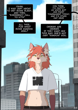 anthro blue_sky building city cityscape clothing cloud dialogue ear_tuft ears_up female green_eyes hair looking_at_viewer midriff navel offscreen_character outside pupils red_hair red_pupils shirt sky solo standing street_lamp text topwear tuft white_clothing white_clouds white_shirt white_topwear rednroge kiri_igness canid canine canis fox mammal comic english_text hi_res