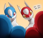 anthro anthrofied big_breasts breast_squish breasts crossgender duo eyelashes female huge_breasts low-angle_view mtf_crossgender multicolored_body open_mouth open_smile smile squish two_tone_body creatiffy nintendo pokemon generation_3_pokemon latias latios legendary_pokemon pokemon_(species) hi_res