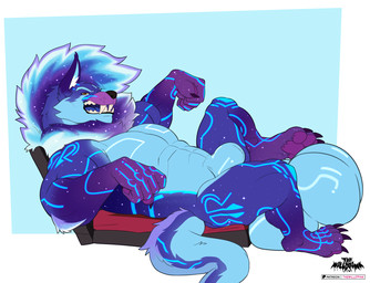 anthro balls big_balls black_nose blue_body blue_fur blue_hair flaccid fur genitals hair huge_balls hyper hyper_balls hyper_genitalia male paws penis solo thewilldpink canid canine canis mammal wolf hi_res watermark