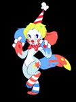 anthro biped blonde_hair blue_body blue_fur blue_tail blush blush_stickers bow_(feature) bow_in_front bow_tie clothing clown costume digitigrade eyelashes featureless_crotch female fur grey_body grey_fur hair hat headgear headwear makeup multicolored_body multicolored_fur multicolored_tail open_mouth party_hat pattern_bow pie_cut_eyes pom_hat red_body red_fur red_nose red_tail short_hair solo spotted_bow star star_on_body star_polygon tail toony white_fingers yellow_body yellow_fur yellow_tail cmy2k persephone_(cmy2k) canid canine canis domestic_dog mammal 2020 absurd_res alpha_channel colorful_theme digital_drawing_(artwork) digital_media_(artwork) flat_colors hi_res