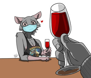 anthro black_clothing black_shirt black_t-shirt black_topwear clothing duo female fur furniture grey_body grey_fur hair heart_symbol male male/female mask medical_instrument scientific_instrument shirt short_hair simple_background sitting surgical_mask t-shirt table topwear white_background wowdannm olga_(therudygames) ych_(character) mammal murid murine rat rodent digital_media_(artwork)