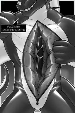 anthro black_body bodily_fluids claws clothing dialogue dorsal_fin dorsal_frill ear_fins fin frill_(anatomy) grey_body hollow_body horn latex latex_clothing latex_skinsuit lube male multicolored_body open_bodysuit skinsuit spines talking_to_viewer tight_clothing unusual_anatomy bullgator mythology negadrake animate_inanimate dragon living_clothing mythological_creature mythological_scalie scalie 2025 2:3 hi_res