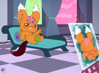 blush convenient_censorship furniture leaf male nude painting_(object) pose presenting smile sofa solo tail nutty_bo nintendo pokemon generation_5_pokemon mammal minccino pokemon_(species) hi_res