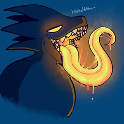 anthro bioluminescence black_body bodily_fluids breath dripping gaping_mouth glowing glowing_body glowing_eyes glowing_tongue grey_body long_tongue male open_mouth pointy_tongue saliva saliva_drip shark_teeth sharp_teeth solo steam teeth tongue tongue_out yellow_eyes yellow_tongue fishtacosad kallan_(fishtacosad) aquatic fish shark
