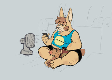 anthro beard big_penis bodily_fluids casual_exposure cellphone chips_(food) clothed clothing eating electric_fan electronics facial_hair food fully_clothed furniture genitals hair heat_(temperature) male overweight overweight_male paws penis phone pubes shirt sitting smartphone sofa solo sweat tank_top texting topwear animalboyfriend lagomorph leporid mammal rabbit 2025 absurd_res hi_res