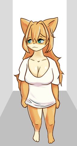 anthro bangs blonde_hair blue_eyes breasts cleavage clothed clothing countershading feet female green_eyes hair long_hair paws shirt solo standing thick_thighs topwear white_clothing white_shirt white_topwear tr1z sophia_(tr1z) domestic_cat felid feline felis mammal absurd_res hi_res