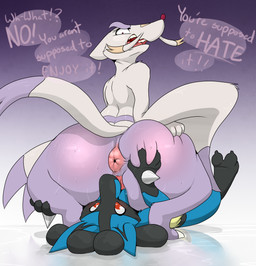 anthro anus anus_only blush bodily_fluids butt cunnilingus deep_skin dialogue duo eyelashes facesitting female fur genitals grabbing lying male male/female nose_to_anus on_back open_mouth oral puffy_anus red_eyes sex simple_background sitting_on_another smile sweat tail teeth text tongue tongue_out vaginal vulva backsash nintendo pokemon buster_(heathconnor8) carmen_(simplifypm) canid canine generation_4_pokemon generation_5_pokemon lucario mammal mienshao pokemon_(species) 2016 absurd_res digital_media_(artwork) english_text hi_res