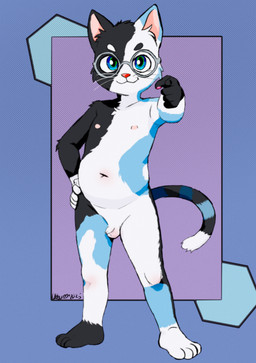 anthro balls belly biped black_body black_fur blue_body blue_eyes blue_fur eyewear flaccid foreskin fur genitals gesture glans glasses hand_gesture humanoid_genitalia humanoid_penis jojo_pose looking_at_viewer male navel nipples nude penis pointing pointing_at_viewer pose slightly_chubby small_balls small_penis smile solo standing tail unretracted_foreskin white_body white_fur young young_anthro young_male oddscreen jojo's_bizarre_adventure stardust_crusaders zander_oro domestic_cat felid feline felis mammal