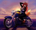 4_toes 5_fingers anthro breasts clothed clothing day detailed_background eyebrows eyelashes feet female fingers motorcycle outside sky smile solo toes vehicle yellow_eyes taurusart canid canine fox mammal digital_media_(artwork) hi_res