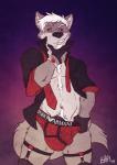 anthro briefs bulge clothed clothing genitals looking_at_viewer male penis red_clothing red_underwear smile smirk solo suit teeth underwear sky3 canid canine canis mammal wolf 2014 signature