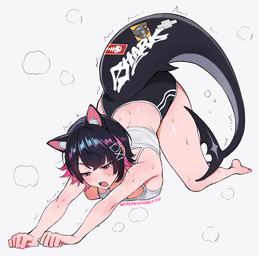 accessory all_fours ass_up black_bottomwear black_clothing black_hair black_shorts blush blush_lines bodily_fluids bottomwear breast_squish breasts cleavage clothed clothing colored_nails crop_top female fish_tail hair hair_accessory hairclip inner_ear_fluff medium_breasts nails open_mouth pink_eyes pink_hair pink_nails shaking shark_tail sharp_teeth shirt short_hair shorts simple_background solo squish stretching sweat sweaty_body tail_tattoo tank_top tattoo teeth text thick_thighs topwear trembling tuft white_background white_clothing white_shirt white_tank_top white_topwear qiandaiyiyu mihoyo zenless_zone_zero ellen_joe animal_humanoid cat_humanoid felid felid_humanoid feline feline_humanoid fish fish_humanoid humanoid hybrid mammal mammal_humanoid marine marine_humanoid shark_humanoid absurd_res digital_drawing_(artwork) digital_media_(artwork) hi_res url