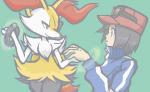 ambiguous_gender anthro bedroom_eyes clothing duo eye_contact hand_holding headgear headwear inner_ear_fluff looking_at_another male narrowed_eyes open_mouth seductive smile tuft gd-058 nintendo pokemon calem_(pokemon) pokemon_trainer braixen canid canine generation_6_pokemon human mammal pokemon_(species)