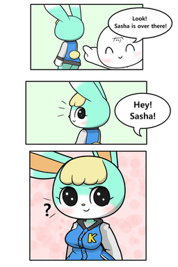 blonde_hair blush bottomless breasts clothed clothing crossgender duo eyes_closed female fur gesture green_body green_fur hair hand_gesture pointing pointing_at_another question_mark smile sweater topwear tonytoran animal_crossing nintendo sasha_(animal_crossing) human lagomorph leporid mammal rabbit 2:3 comic digital_media_(artwork) hi_res shaded