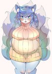 9_tails anthro belly big_breasts biped black_nose black_whiskers blue_body blue_ears blue_eyes blue_fur blue_hair blue_inner_ear blue_tail blush breasts clothed clothing curvy_figure cute_fangs dipstick_ears dipstick_tail dress ear_markings fangs female female_anthro fluffy fluffy_tail front_view fully_clothed fur glistening glistening_hair hair hand_on_belly holding_belly inner_ear_fluff kemono looking_at_viewer markings monotone_hair multi_tail multicolored_ears multicolored_tail navel navel_outline open_mouth open_smile outie_navel pregnant pregnant_anthro pregnant_female ribbed_clothing ribbed_sweater simple_background smile solo standing sweater sweater_dress tail tail_markings tan_clothing tan_dress tan_sweater tan_topwear teeth tongue topwear tuft two_tone_ears two_tone_tail voluptuous whiskers white_background white_body white_ears white_fur white_inner_ear_fluff white_tail wide_hips shikibetsuko canid canine fox mammal absurd_res colored digital_media_(artwork) hi_res portrait shaded three-quarter_portrait