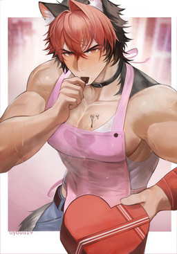 apron armband belt blush bottomwear box_of_chocolates candy canine_ears chocolate clothing dessert eating food giftbox hair holidays light_body light_skin looking_at_viewer male multicolored_hair muscular muscular_male pants pecs pink_background pink_clothing red_eyes red_hair shirt simple_background solo tail tank_top topwear uyouu19 mihoyo valentine's_day zenless_zone_zero komano_manato canid canine humanoid mammal thiren 2026 digital_drawing_(artwork) digital_media_(artwork) hi_res shaded