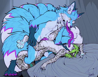 9_tails abdominal_bulge andromorph andromorph/male andromorph_penetrated anthro asphyxiation bed big_tail big_tongue blue_body blue_insides blue_pawpads blue_tongue blue_vulva bodily_fluids choking clitoris cum cum_in_vagina cum_inside dominant drooling duo extreme_french_kiss fluffy fluffy_paws fluffy_tail french_kissing furniture genital_fluids genitals glistening glistening_knot glistening_pawpads green_hair hair imminent_knotting intersex intersex/male intersex_penetrated kissing knot larger_dom leg_grab legs_up leopard_spots looking_pleasured lying male male_penetrating male_penetrating_andromorph male_penetrating_intersex multi_tail neck_grab nude on_back on_bed pawpads paws penetration penis purple_insides purple_pawpads purple_penis purple_tongue restrained saliva sex simple_background size_difference spots spread_legs spreading tail tongue tongue_out unusual_insides vaginal vaginal_fluids vaginal_penetration vulva yellow_eyes tatujapa kaji_inariyoki nova_meadows canid canine felid fox fox_spirit leopard mammal pantherine werecanid werecanine werecreature werefox absurd_res hi_res