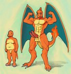 anthro barazoku big_penis charizard charmander duo evolution_(transformation) fire generation_1_pokemon genitals hi_res huge_penis lyagush male male/male muscular nintendo paws penis pokemon pokemon_(species) size_difference slightly_chubby transformation wings