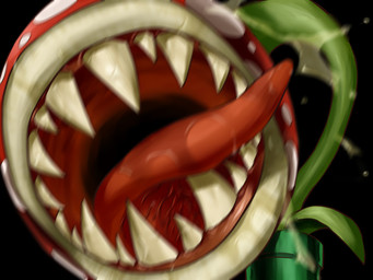 ambiguous_gender black_background bodily_fluids eyeless first_person_view gaping_mouth imminent_oral_vore imminent_vore leaf motion_blur mouth_shot not_furry open_mouth plant prey_pov saliva sharp_teeth simple_background solo tapering_tongue teeth tongue tongue_out warp_pipe legemd_(artist) mario_bros nintendo elemental_creature flora_fauna piranha_plant 4:3