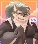 anthro asian_clothing blush clothing east_asian_clothing eyebrows fur grey_body grey_fur hair japanese_clothing kimono looking_at_viewer male pink_eyes ponytail scar solo thick_eyebrows amidasuke lifewonders tokyo_afterschool_summoners shino_(tas) canid canine canis domestic_dog mammal hi_res