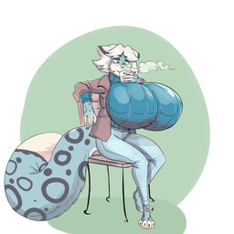 anthro big_breasts blue_body blue_clothing blue_fur blue_shirt blue_topwear breasts chair clothing female fur furniture huge_breasts hyper hyper_breasts shirt sitting solo topwear grindaviking morgan_"mint"_king felid leopard mammal pantherine 1:1 2020 hi_res