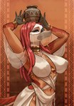 anthro beak bedroom_eyes big_breasts breasts clothing collar container female gold_(metal) hair huge_breasts jewelry multicolored_body narrowed_eyes pink_hair seductive solo standing carduelis inanna_(character) anatid anseriform avian bird duck hi_res